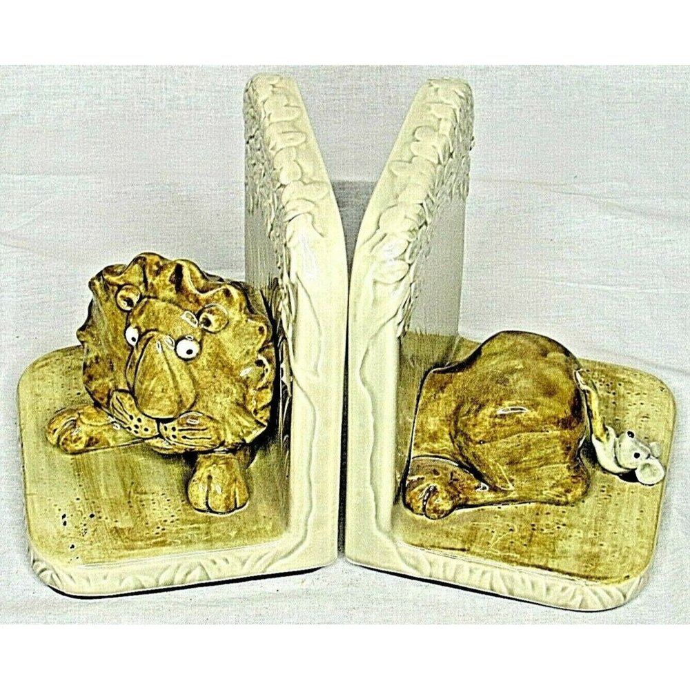 Vintage Bookends Lion Mouse Quon Art Japan Rare Ceramic 1980s